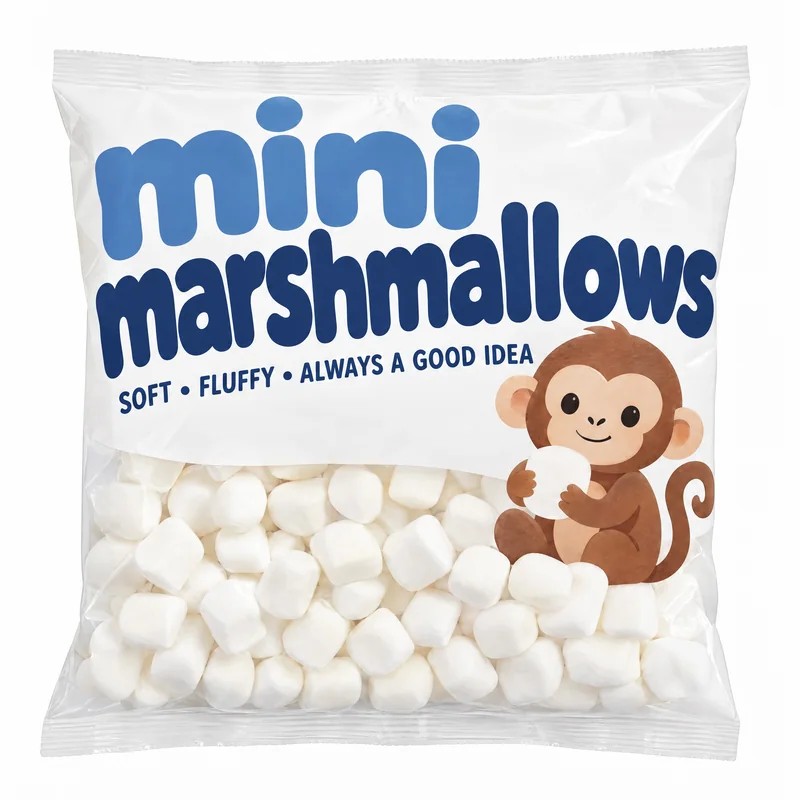 A bag of mini marshmallows, its label showing a monkey holding one